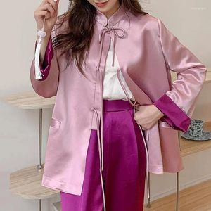 Vestes pour femmes de haute qualité style chinois col montant simple boutonnage haut printemps design de mode contraste couleur poignets veste S-XL