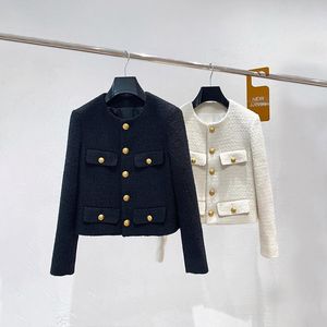 Vestes pour femmes JSXDHK 2021 automne hiver petit parfumé Tweed veste manteau mode femmes O cou bouton doré laine noir court vêtements d'extérieur