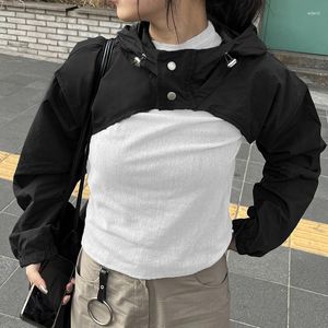 Chaquetas de mujer estilo coreano dos botones cuello alto cultivo con capucha blanco manga larga casual sudaderas camisa negro bata tops