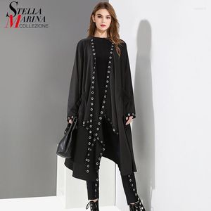 Chaquetas de mujer, chaqueta de estilo de capa única negra sólida para mujer coreana, diseño abierto, cinta larga de gran tamaño, agujeros de Metal, capa suelta para mujer 3843