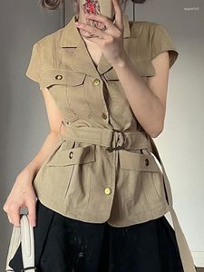 Vestes pour femmes Korobov Japon Style Kaki Vêtements de travail Manteau à manches courtes Ceinture à simple boutonnage Poche Gilet Costume Col Veste Mode Veste