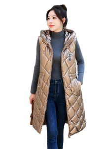 Chaquetas de mujer Chaleco marrón claro Mujeres sin mangas Impermeable Lavado libre con capucha Chaleco de algodón Otoño Invierno Moda Largo Slim Outwear 231012