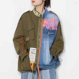 Vestes pour femmes lâche Denim épissage veste à manches longues manteau imprimé cordon hauts mode coréenne Streetwear vêtements de sport