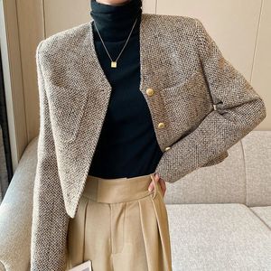 Women's Jackets Lucyever Khaki Short Women Jacket Autumn 2023 England Style Simple Tweed Coat Woman Korean Chic SingleBreasted ONeck Outerwear 231109