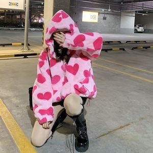 Chaquetas de mujer Corazón rosa Piel sintética de peluche Prendas de abrigo básicas Abrigo de invierno a cuadros a cuadros s 230208