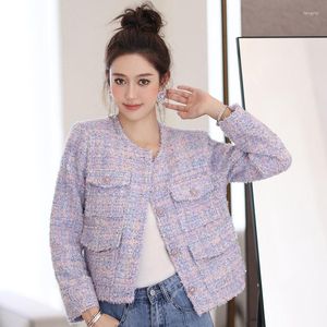 Chaquetas de mujer Tweed púrpura para mujer 2022 Otoño Invierno elegante cuello redondo abrigo de lana de una sola botonadura mujer ropa de calle de moda coreana
