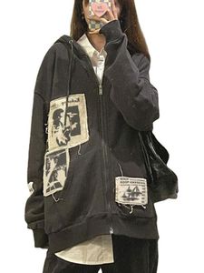 Vestes pour femmes street brown graffiti print zip vintage tops sweats à capuche sweats à capuche kawaii Blouse grunge y2k Vêtements Automne vestes 230131