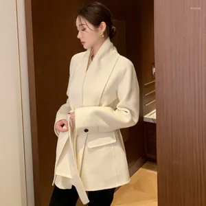 Chaquetas de mujer SuperAen coreano Chic Otoño/Invierno con cuello en V atado en la cintura de manga larga chaqueta de abrigo de lana para mujer