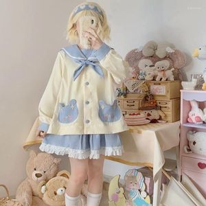 Chaquetas de mujer Sweet Girl Lolita Coat Kawaii Sailor Collar Bow Cute Color Contrast manga completa de un solo pecho de encaje Outerweat para el año 2023