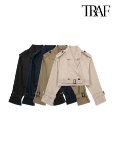 Women's Jackets TRAF Women Fashion With Belt Double Breasted Crop Jacket Coat Vintage Lapel Collar Long Sleeve Female Outerwear Chic Tops 230808