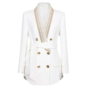 Vestes Femmes Unique Design Vintage Gold Paillettes Perles Col Châle À Lacets Blanc Blazer Femmes Veste Rétro Revers Double Boutonnage Femme