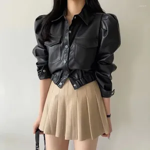 Vestes pour femmes Wdmsna Korean Pu Leather Jacket for Women Retro Revers Coat Single Breasted Double Pocket Short Slim