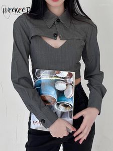 Vestes pour femmes Weekeek Korean Style Chic Jacket Two Piece Sets Streetwear V Neck Strap Crop Top et bouton à manches complètes Smock Ladies