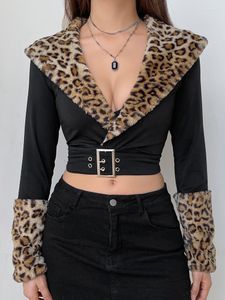 Vestes pour femmes WeiYao col et poignets en fourrure léopard Slim Crop Y2K avec ceintures esthétique Vintage col en V à manches longues pull hauts femmes