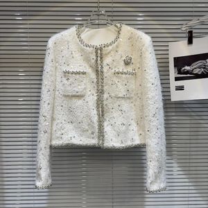 Vestes pour femmes hiver parfumé haut réglage strass broche sequin épais tweed coton manteau court blanc noir veste