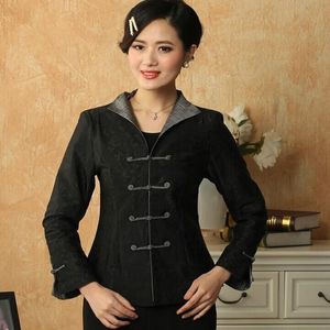 Chaquetas de mujer Chaqueta de satén de seda negra Blusa de estilo chino tradicional negro Bordado Floral Outwear Slim Vintage Button Abrigos de gran tamaño