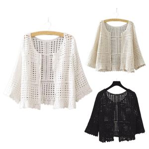 Chaquetas de mujer Primavera Verano Flare 3/4 Mangas Kimono Cardigan Hollow Out Crochet Knit Plaid Chaqueta recortada de encaje Protección solar suelta