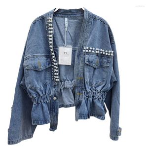 Chaquetas de mujer, chaqueta corta de mezclilla con perlas dulces para mujer, abrigos de talla grande para mujer, ropa de calle plisada, ajustada, suelta, vaquera recortada, ropa coreana