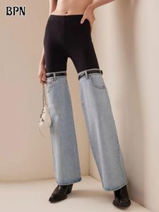 Jeans para mujer BPN Hit Color Cinturón empalmado para mujeres Cintura alta Bolsillos de remiendo Slim Striaght Pantalón de pierna ancha Ropa de estilo de moda femenina