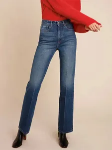 Jeans féminins bleu foncé taille haute mince coton droit 2024 Spring Summer dames pantalons longs en denim tout-correspondant