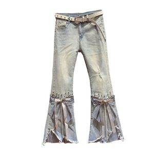 Jeans Femme Designer Mode Luxe Top Qualité Village Automne Taille Haute Jeans Femmes Déchiré Recadrée Irrégulière Perlée Arc Évasé Denim Pantalon