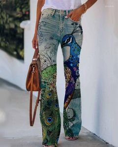 Jeans femme Faux Leggings femmes paon impression 3D Y2K bleu jegging grande taille femme décontracté crayon pantalon droit jambe large