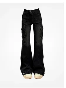 Jeans pour femmes High Street Office Lady Black Flare Slim Bell Bottoms Gyaru Mode Denim Pantalon Multiples Poches 2000s American Retro