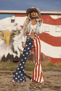 Damen Jeans Independence Day Frühling Herbst Frauen Urban Fashion Flag Print Ausgestellte Casual High Street Hosen