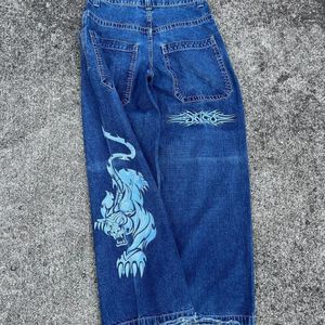 Jeans pour femmes JNCO rétro haute rue hip hop punk taille moyenne jean lavé blanc tigre imprimé lâche décontracté pantalon large pour hommes et femmes 231117