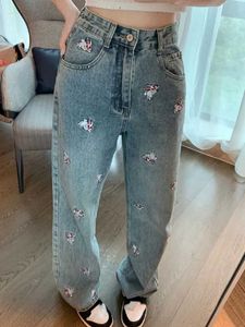 Jeans pour femmes Style coréen mode brodé lapin nouveau jean haut coup femme Baggy jambe large Denim pantalon vêtements de rue dames pantalon J231227