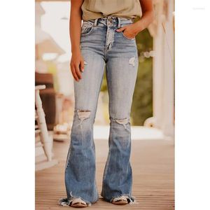 Jeans para mujer Ripped Capris Denim Pantalones 2023 Mujeres Vintage Largo Flare Alto Cintura Slim Trabajo Verano Azul Elegante