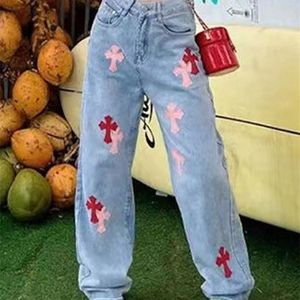 Women's Jeans Spring Female High Waist Y2k Straight Baggy Pant Casual Denim Trousers Women Light Blue Korean Fashion Cross Applique 220902