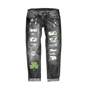 Jeans pour femmes St. Patrick's Day Print Ripped Casual Denim Pantalons Femmes Vêtements Designer Jambe large pour