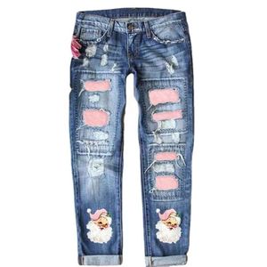 Jeans pour femmes Femmes élégantes Leggings de Noël Santa Print Patchwork Pantalon déchiré Taille moyenne Trou Taille précédemment consultée pour la marque en gros