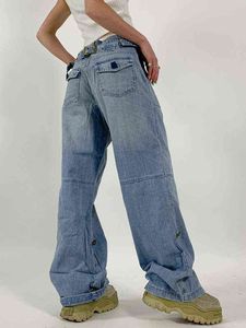 Jeans Femme SUCHCUTE Mode coréenne Side Cut Out Jeans Femmes Low Rise Bangdage Bouton Up Pantalon Bleu Vintage Lâche Denim Pantalon High Street T220829