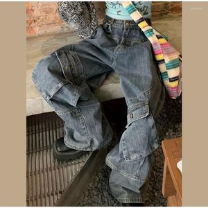 Jeans para mujer Mujeres Big Pocket Oversize Suelto Pantalones de mezclilla femeninos 2023 Otoño Invierno Hip Retro Lady Pierna ancha Pantalón Street Cargo