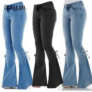 Pantalones vaqueros de mujer XS-4XL elásticos de verano para mujer más azul Casual ajustado suelto Mom Denim Bow Boot Cut pantalón 2021