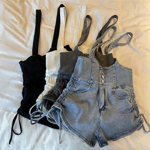 Jeans femme Y2k Denim bretelles Shorts femme taille haute minceur été 2023 fille Design sens mince élastique pantalon large