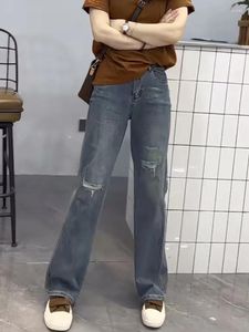 Jeans para mujeres Y2K en forma de pera de la pierna recta 2024 grasa de resorte mm gran tamaño de la cintura alta versión delgada de pantalón ancho
