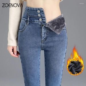 Women's Jeans ZOENOVA Warm Y2K Women Autumn Winter Velvet Thick Denim Pants High Waist Fleece Mom Skinny Wool Fashion Elastic Trousers