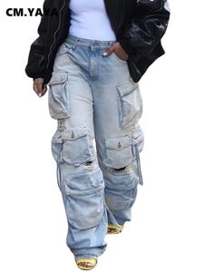 Women's Jumpsuits Rompers CM YAYA Women Safari Style Ripped Out Drawstring Hem Elastic Waist Multi Pocke Denim Pants 2023 INS Fashion Cargo Jeans Trousers 230919