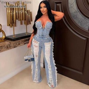 Combinaisons pour femmes Barboteuses ddd Washed Denim Jumpsuit Femmes 2023 Mode Sexy One Pieces Ripped Jeans Tube Top Wide Leg Combinaisons D82-AAZ35 T230504