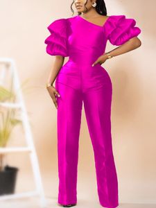 Monos de mujer Mamelucos Mono elegante de mujer con mangas abullonadas brillantes y pierna ancha de verano Fucsia adecuado para fiestas y celebridades nocturnas 230425