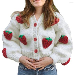 Tejidos de mujer otoño/invierno 2023 mujeres/niña en v-tip de fresa bordado manga manga de un solo slim grueso grueso cárdigan suéter