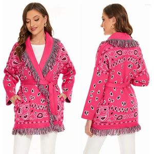 Cardigan en cachemire d'inspiration Boho pour femme, tricot rose, pull avec pompon, col à revers, ceinture, pardessus à manches longues, automne hiver