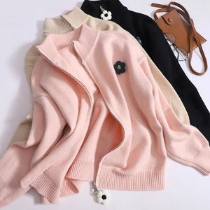 Femmes tricots conception fermeture éclair col roulé pull manteau femmes automne mode lâche mince tridimensionnel fleur surdimensionné Cardigan hauts