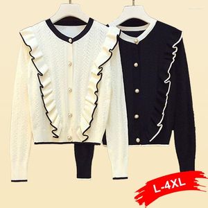 Femmes Tricots Volants Grande Taille Patchwork Hit Couleur Chandail Cardigan 5XL Vintage Rétro Garniture Tricoté Dames Décontracté Lâche Blanc Noir Chandails