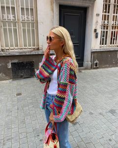 Tricots pour femmes Tees Coloré Tricot Point Creux Surdimensionné Cardigan Femmes Ouvert Avant Manches Longues Flare Pull Pull Automne Chic High Streetwear 230928