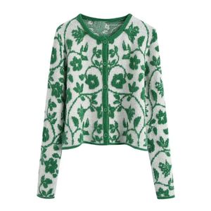 Camisetas de punto para mujer, cárdigan de Jacquard verde a la moda para mujer, cárdigan elegante de manga larga para primavera y otoño, suéter de punto Harajuku para mujer