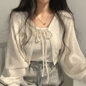 Women's Knits Tees Lucyever White Knitted Cardigan Women Summer Thin Sunscreen Lace-Up Knitwear Tops Female Korean Style Lantern Sleeve Short Coat 230826